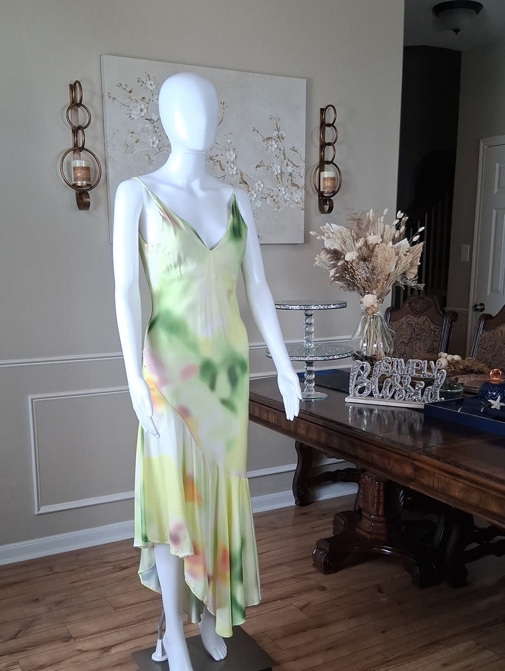 Women's Asymmetrical Summer Resort Slip Midi Dress in Lemon Tie-Dye Multi XS - Picture 11 of 16
